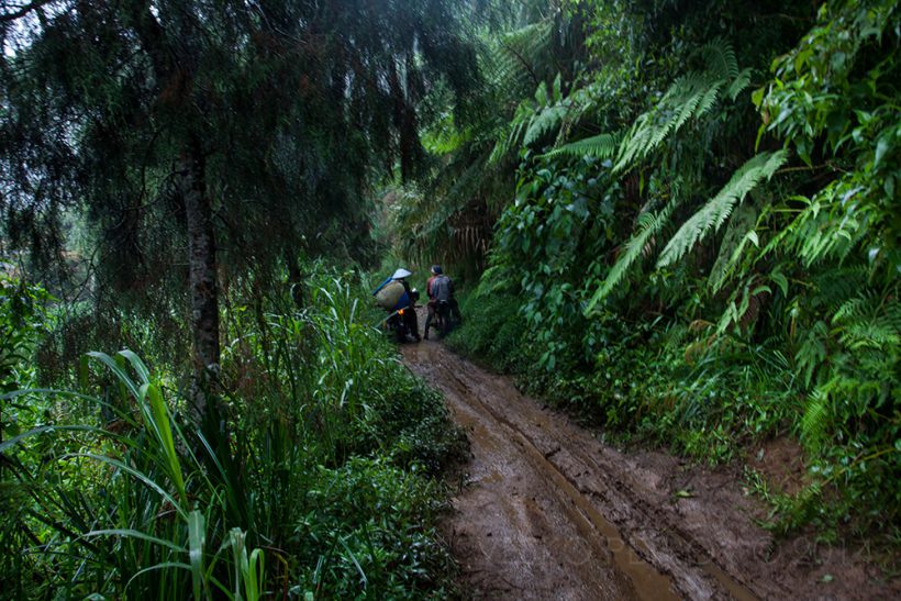 A few local dudes ride bikes. Do you see their gumboots?