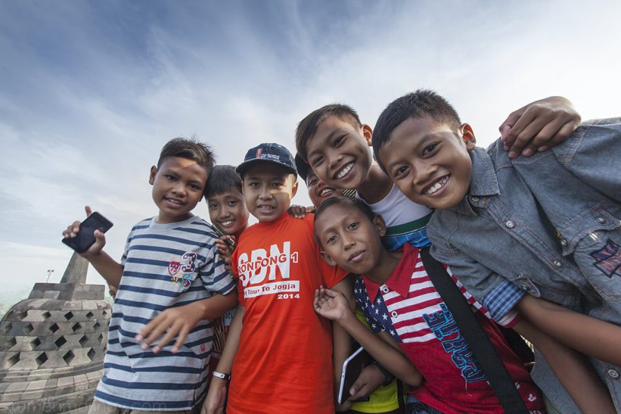 Happy Indonesian children at Borobudur Temple.