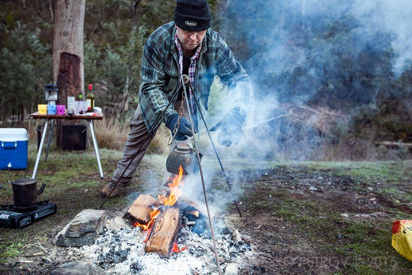 Tony with the remarkable teapot. Tony is a master chef on camp fire (he taught me how to cure a metal plate for the perfect BBQ). Great guy.