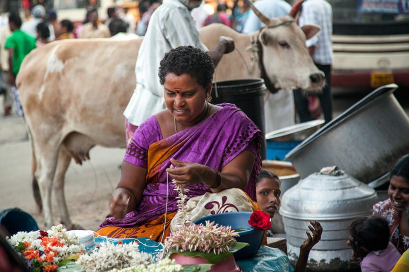 Tamil ladies use flower garlands to beautify their hair. It really suits them, combined with their traditional costumes.